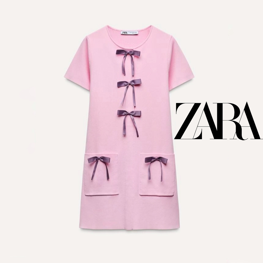 ZARA Pink Shift Dress with Ribbon Bows